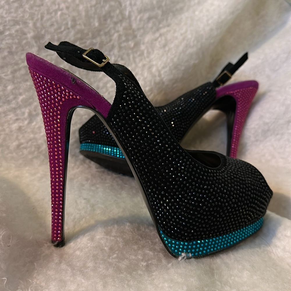 Steve Madden NEW YORK Black/Blue/Pink Rhinestone Peep Toe Stiletto Heels 10